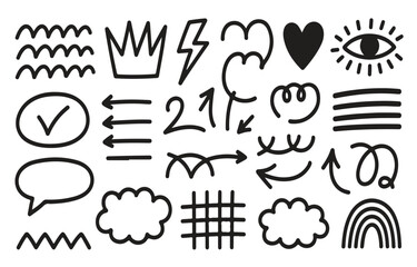 Collection of Black Hand Drawn Doodle Icons and Symbols Keywords: abstract, arrow, art, bubble, check, cloud, crown, doodle, drawing, element, eye