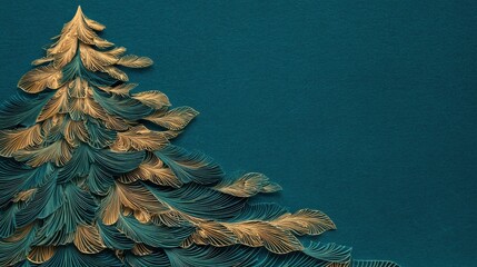 intricate papercut christmas tree scene teal and gold minimalist style