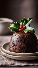 Christmas pudding with holly and berries on a plate