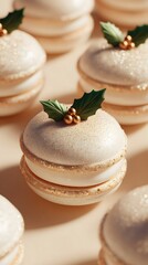 Festive Macarons with Holly Sprigs and Golden Berries