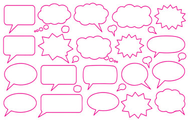 Collection of Pink Outline Speech and Thought Bubbles on White Background speech bubble