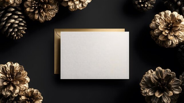 Elegant gold pinecones frame a blank white card and gold envelope on a dark background.