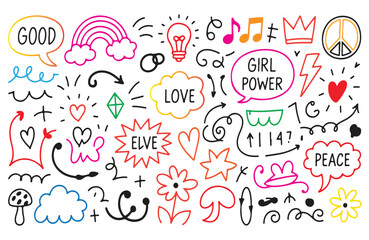 Colorful Doodle Elements Collection With Words And Symbols Keywords: doodle, colorful, hand drawn, elements, collection, speech bubble, good, love
