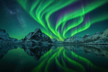 Dramatic aurora borealis over snow capped Norwegian peaks with mirrored reflections on calm fjord water under crystal clear starry winter sky