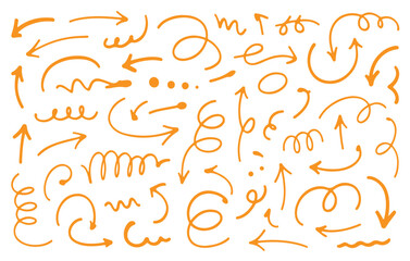 Obraz premium Hand-drawn orange arrow collection diverse directional signs and symbols for graphic design and navigation