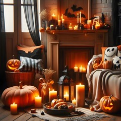 Obraz premium halloween pumpkin and candle, Halloween home decor, cozy Halloween interior, autumn home decoration, Halloween candles, pumpkins and candles, cozy fall atmosphere, spooky home interior, Halloween aest