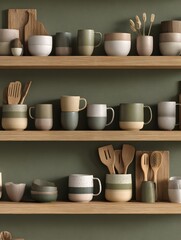 wooden cabinet shelves showcasing ceramic cups and wooden kitchen utensils in neutral tones against an olive green wall