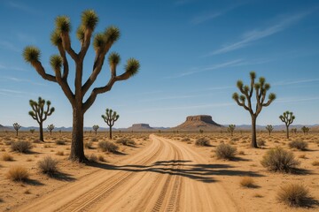 Dusty desert road lined with Joshua trees under vast blue sky leading toward distant mountains evoking freedom adventure and timeless American Southwest spirit