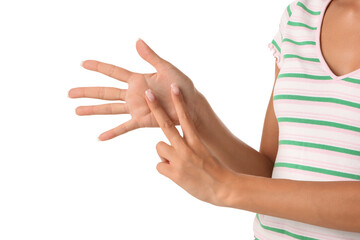 Young woman using sign language on white background, closeup