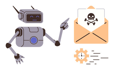 Robot gestures toward malware alert in email as clock icon and gears suggest urgency. Ideal for cybersecurity, AI, data safety, virus protection, IT, computer security, simple flat metaphor