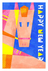 年賀状_ポップでかわいい幾何学な馬のカード 水彩ペイント風