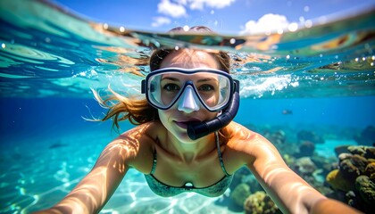 Naklejka premium Underwater snorkeling scene with swimmer and reef!