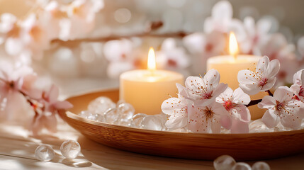 Serene Spa Ambiance with Blooming Cherry Blossoms and Warm Candles