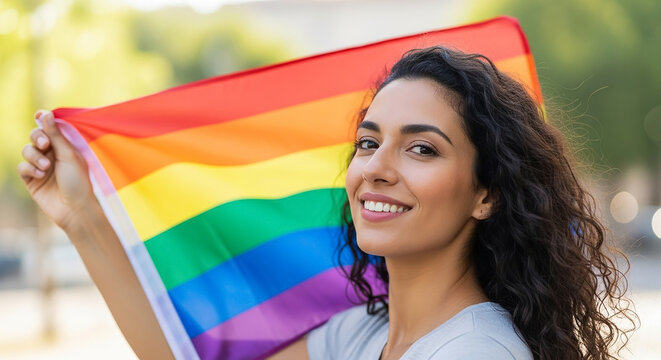 Woman smiling holding rainbow pride flag celebrating lgbtq plus rights