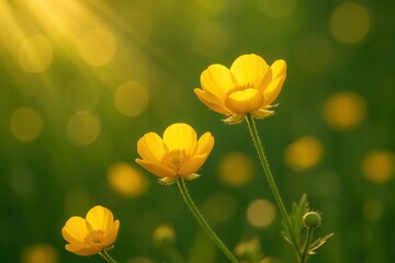 Golden buttercup meadow with sunbeams and dreamy bokeh celebrating simple wild beauty perfect for wellness branding spring promotions and greeting cards
