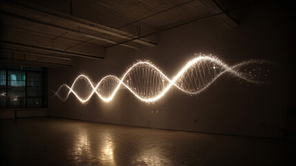 A hyperrealistic white wall illuminated by a projected DNA code sequence, with glowing strands of genetic information casting subtle light and symbolism of science and discovery. 
