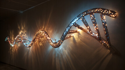 A hyperrealistic white wall illuminated by a projected DNA code sequence, with glowing strands of genetic information casting subtle light and symbolism of science and discovery. 
