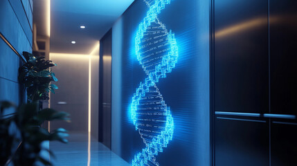A hyperrealistic white wall illuminated by a projected DNA code sequence, with glowing strands of genetic information casting subtle light and symbolism of science and discovery. 
