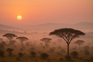 Golden sunrise over Ugandan savanna with layered hills acacia silhouettes and rolling mist creating a tranquil cinematic landscape filled with warmth and depth