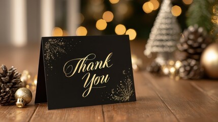 black thank you note card christmas image with gold text blurred room background of festive holiday decorations with branches lights ornaments cones black note card express gratitude appreciation