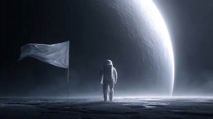Lone astronaut plants flag on alien planet with giant celestial body.