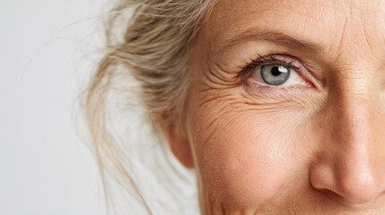 50s middle aged old woman looking at camera isolated on white background advertising dry skin care treatment anti age skincare beauty plastic surgery cosmetology procedures close up half face view no