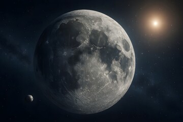 Obraz premium Massive view of the Moon and a small, distant Earth-like planet, brightly illuminated by a star in the deep, dark cosmos.