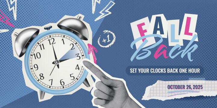 Daylight saving time ends collage. Banner design with 3D realistic alarm clock and charcoal elements on halftone textured back. Fall Back time 2025 vector illustration