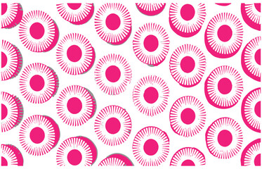 Repeating Pattern of Pink Sunburst Shapes with Shadow Effect Keywords: pattern, repeating, pink, sunburst, circle, rays, graphic, design