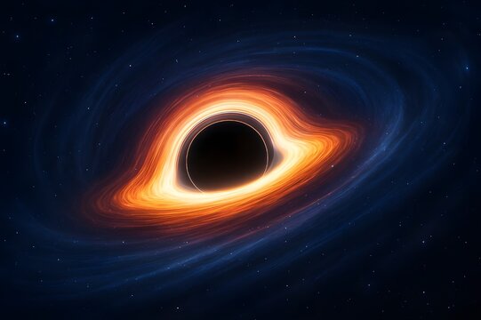 Vibrant black hole with an orange-gold accretion disk and swirling blue cosmic dust against a star-filled background.