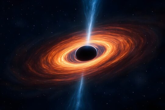 Massive black hole with a glowing accretion disk and energetic jets in the deep, dark, star-filled expanse of the cosmos.