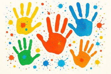 Joyful diversity illustration with colorful painted hands raised together over bright background celebrating creativity inclusion and shared humanity