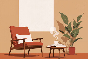 Minimal retro interior with orange armchair, coffee cup, open book, plant and warm light, peaceful mid-century modern home vibe