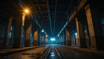 Fototapeta premium dimly lit industrial warehouse interior with symmetrical pillars and railway tracks extending into