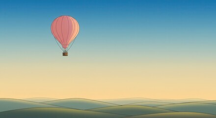Fototapeta premium A lone hot air balloon drifts serenely above rolling hills.