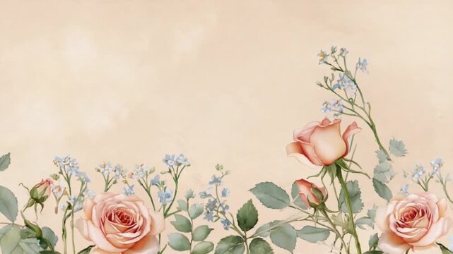 Watercolor roses and small blue flowers arranged on a light beige colored background image art floral patterns backgrounds video