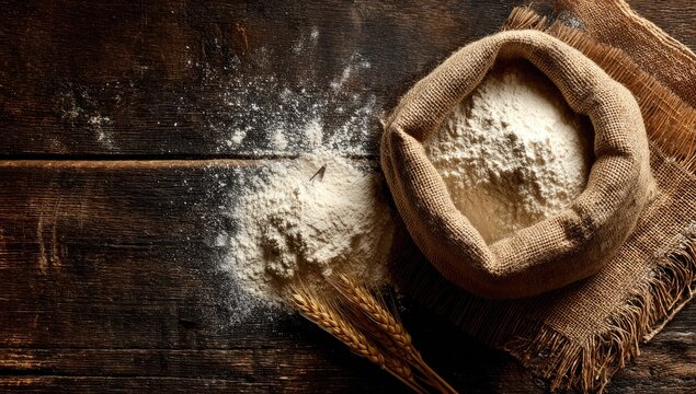 A sack of flour rests on burlap with wheat stalks on a rustic wooden surface.