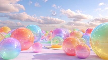 oversized translucent rainbow balls float in a pastel sky creating a whimsical playground    happy  playground