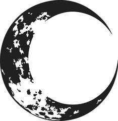 Stylized black and white crescent moon with textured surface celestial night