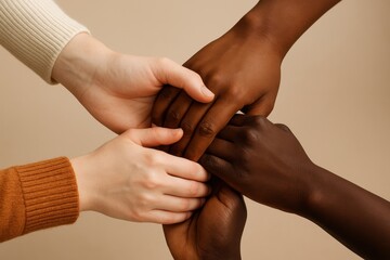 Multicolored hands joined together in supportive hold celebrating unity empathy and community across cultures with bright friendly studio style