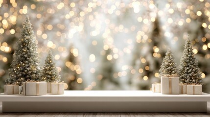 winter holiday product display white stage bokeh background