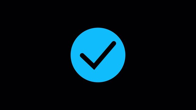 Animation of a black check mark on a blue circle. check. Check mark symbol is correct. Yes sign. Correct icon on a black background. Black check mark concept on a blue  circle.