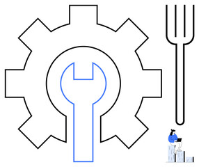 Gear enclosing a wrench, alongside a fork, with a woman seated on blocks. Ideal for repair, engineering, tools, food services, planning problem-solving business strategy. Simple flat metaphor