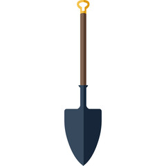 Dark Blue Spade Garden Tool with Brown Wooden Handle and Yellow Top on White Background