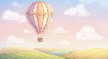 Fototapeta premium A whimsical hot air balloon floats over rolling hills under a pastel sky.