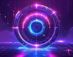 Fototapeta premium Glowing portal on a grid floor, with neon pink and blue light effects