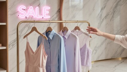 Feminine Hands Browsing Pastel Dresses Under Neon 