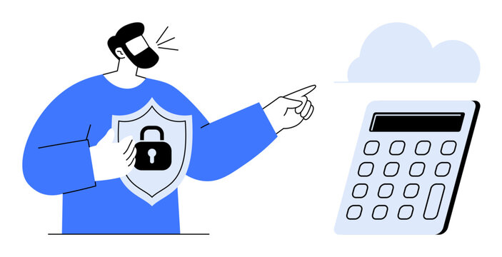Man holding shield with lock icon pointing toward cloud and calculator, representing secure data management. Ideal for cybersecurity, cloud computing, finance, technology, protection, data access