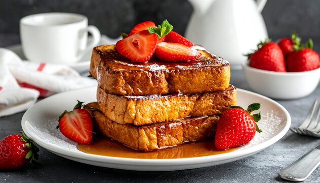 Stacked golden toast with fresh berries, syrup and a side of fruit