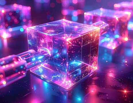 Glowing cubes linked with metallic bars on a reflective surface